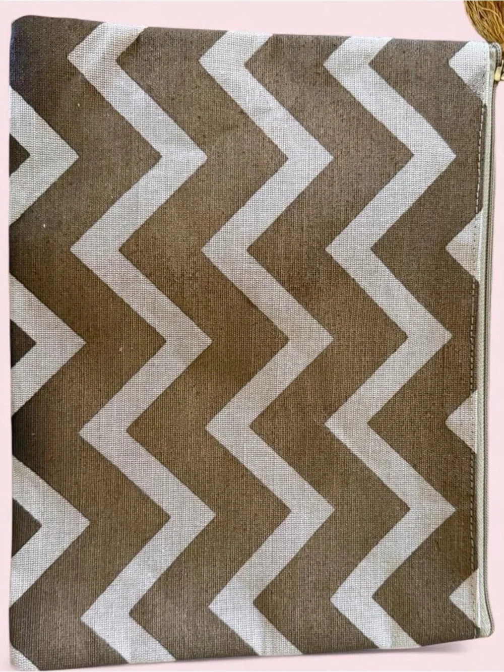 Mud Pie Chevron Canvas Clutch in Tan and White